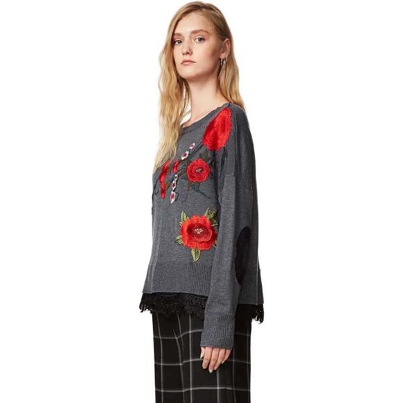 Desigual Rosalia Floral Embroidered Lace Elbow Patch Sweater Whimsigoth Wool M - Picture 1 of 14